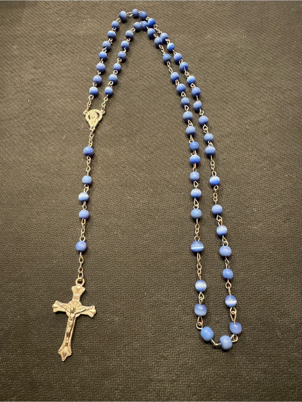 Vintage Silver-Tone St.Joseph Catholic Rosary 8mm Blue Faced Cat Eyed Beads
